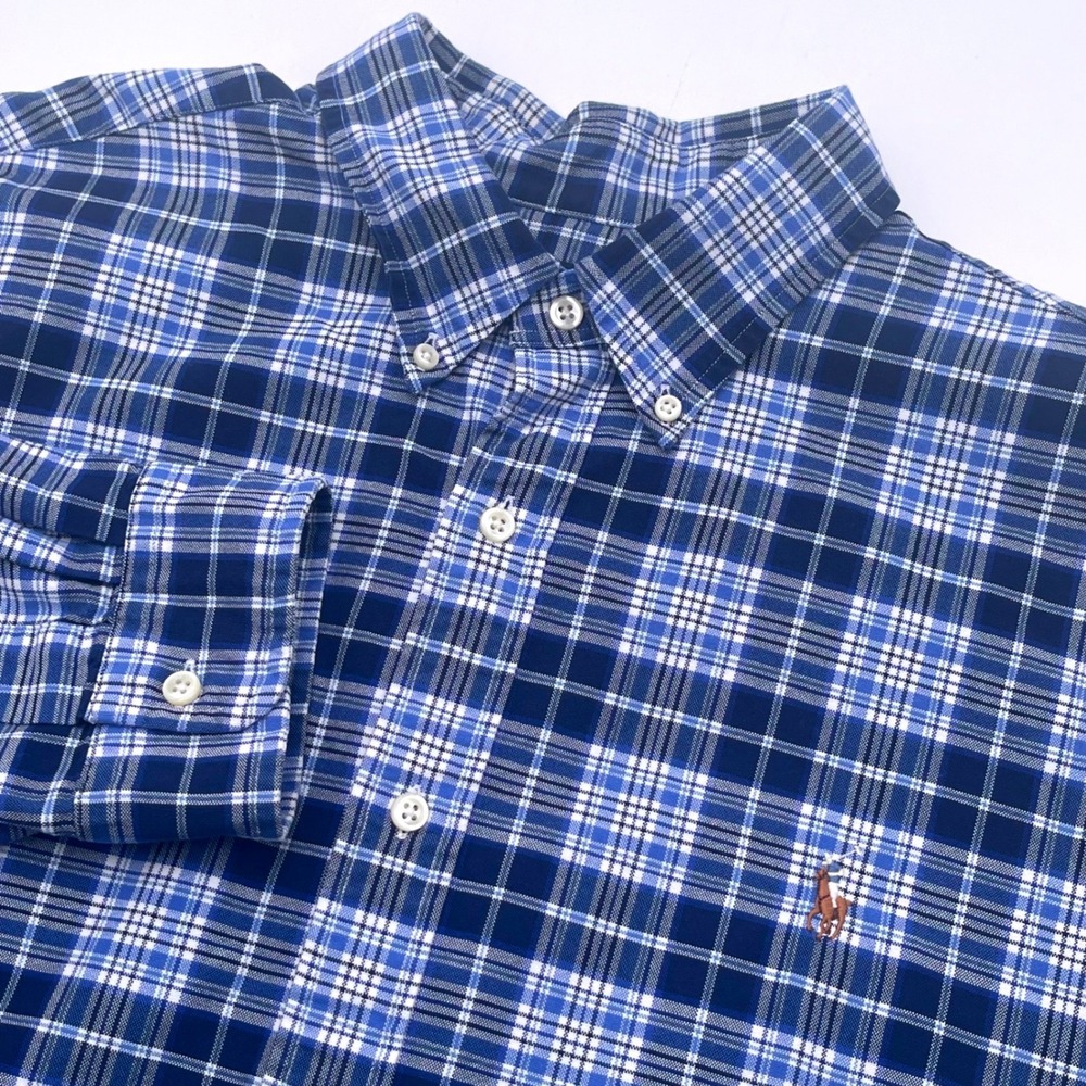 Ralph Lauren Mens XXL Classic Fit Blue White Plaid Cotton Button Down Shirt
